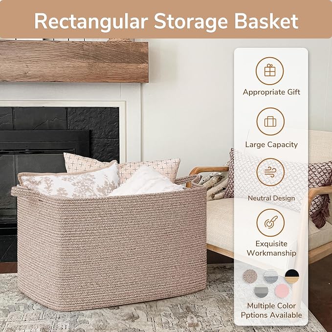 Goodpick 105L Extra Large Woven Blanket Basket, Cotton Rope, Brown | 25 x 16 x 16 in, Rectangle, Blankets, Clothes, Toys & Pillows Storage, Living Room, Bedroom & Nursery Organization