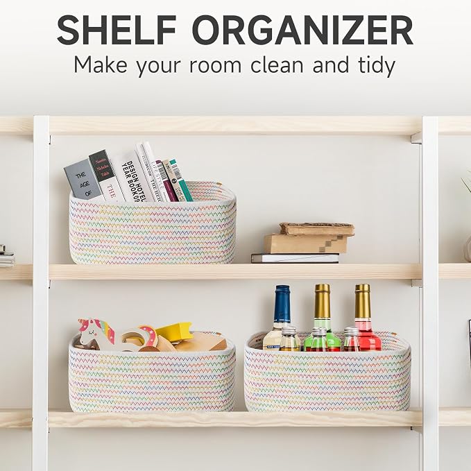 3-Pcs Shelf Baskets for Organizing, Closet Organizer Bins, Small Woven Baskets, Rope Toy Basket, Storage Basket for Shelves, Cube Decorative Box, 11.8×7.8×5.1”, Rainbow