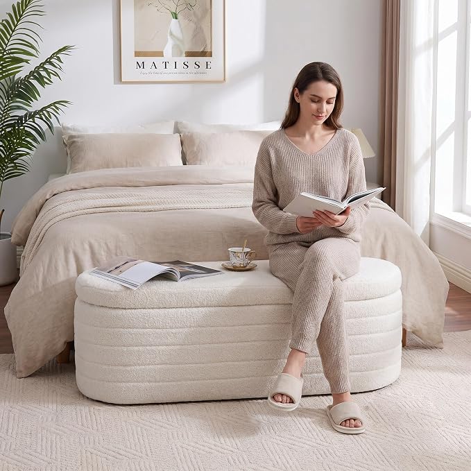 Teddy Sherpa Storage Ottoman Bench, Modern Upholstered Window Bench with Safety Hinge Lid, Oval White Ottoman for Living Room, Bedroom End of Bed