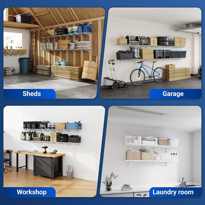 FLEXIMOUNTS 2-Pack 2x6ft Garage Shelving 24-inch-by-72-inch Heavy Duty Wall Mounted Shelves Garage Storage Rack Floating Shelves, 1400lbs Load Capacity, White, Classic Series