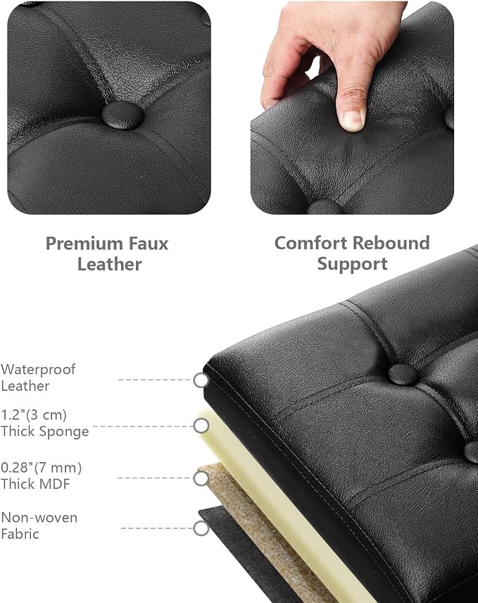 AmasSmile Footrest Ottoman Storage Bench, 34" Leather Folding Stool, Black | Large Ottoman with Storage, Thicker Foam Padded Seat, Livingroom, Dorm, Bedroom, Entryway, Easy to install,34 x 13 x 13in