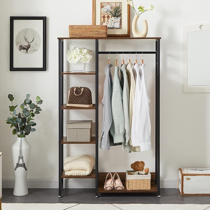 VECELO Open Garment Clothing Rack, Free-Standing Heavy Duty Storage Closet with 5 Shelves and Hanging Rod for Small Spaces, Max Load 350LBS, Brown
