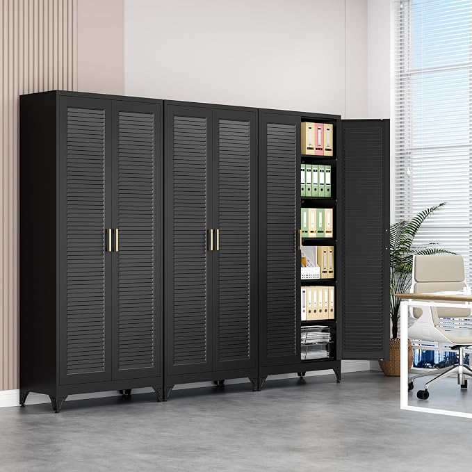 Polup 75" Pantry Cabinet, Tall Metal Storage Cabinet with Doors and Shelves | Black Kitchen Cabinet, 5 Adjustable Shelving, Heavy-Duty Steel, Louvered Doors, Gold Handles, for Garage Office & Laundry