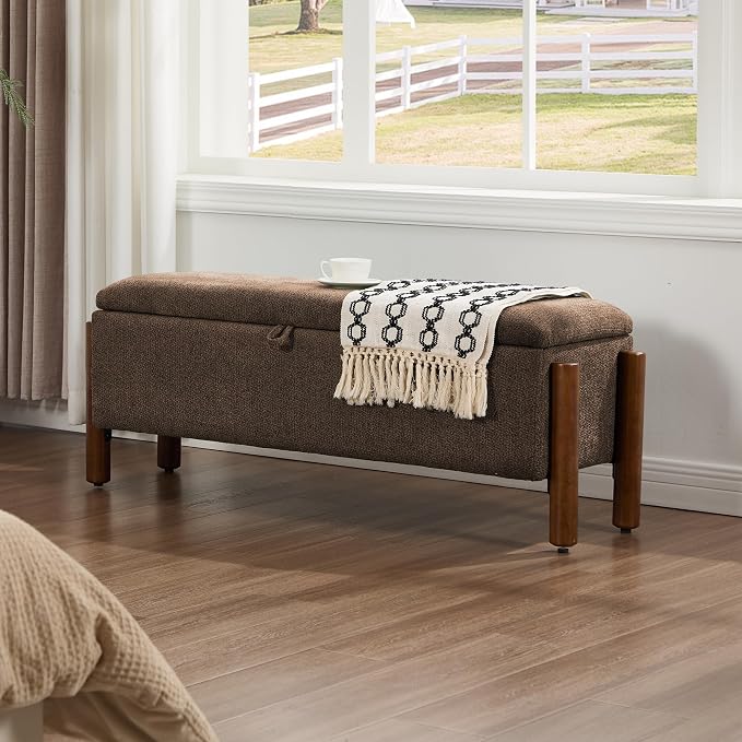 55'' Modern Storage Ottoman Benches | Walnut Wood Legs 26 Gallons Storage Space Fabric Upholstered Seating End of Bed for Bedroom Livingroom Brown