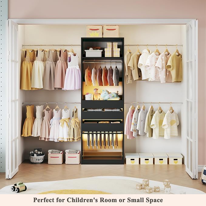Closet System, 4-8FT Closet Organizer with 3 Wood Drawers & Glass Top, 102'' Walk in Closet with 5 Hang Rods & LED Lights & Trouser Rack, Built-in Wardrobe Clothes Rack with Shelves and Tower, Black