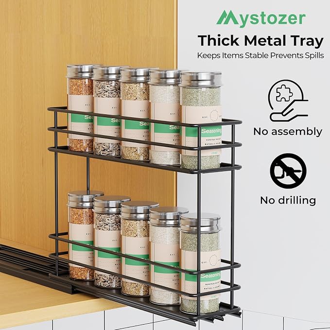 Mystozer Pull Out Spice Rack Organizer for Cabinet, Slide Out Spice Racks, Easy to Install Spice Cabinet Organizer, 2.5" Wx10.43 Dx8.26 H, 1 Drawer 2 Tiers(Black)