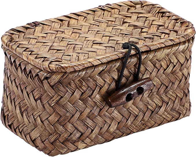 Hipiwe Mini Seagrass Basket Box with Lid Wicker Storage Bins, 4.3x 2.5x2.1" | Small Handwoven Baskets Organizer, Multipurpose Desktop Baskets for Home Decor