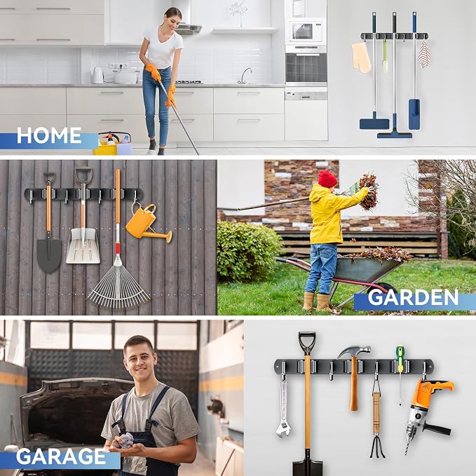 ZONGOOL Wall Mount Broom Holder 3 Racks 4 Hooks Metal Tool Organizer Black | 304 Rustproof Stainless Steel Broom Hanger, Non-Slip Wall Mount Organizer, Space Saving For Kitchen, Laundry, Garden