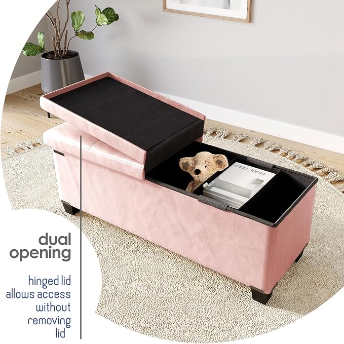 Storage Ottoman Bench with Bins, 43-in Storage Bench for Bedroom End of Bed, Folding Foot Rest Ottoman for Living Room Max 660lbs, Leather Ottomans, Pink