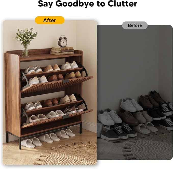 Shoe Cabinet for Entryway, Slim Freestanding Shoe Rack Organizer with 2 Flip Drawers, Narrow Hallway Storage Cabinet with Breathable Doors, Classic Walnut