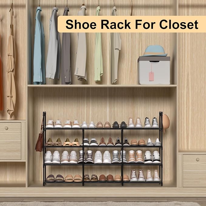 3 Row 4 Tier Long Shoe Rack, Black Metal Stackable Shoe Shelf with Multifunctional Hooks, Shoe Storage Hold 24-30 Pairs, Space Saving Shoe Organizer for Closet,Wide Shoe Rack