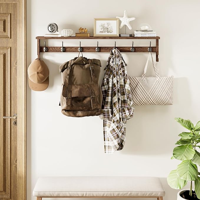 AMBIRD Coat Rack Wall Mount, 35 Inch Extra Long Wall Hooks with Hanging, Wooden Shelf with 7 Metal Hooks 2 Side Hooks, Wall Key Holder with Shelf in Entryway, Kitchen, Bathroom, Living Room, Bedroom