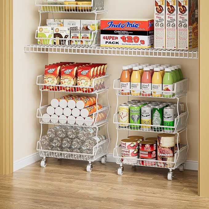 OKZEST Pantry Organizers and Storage Cart with Upgraded Metal Hub Casters | Fits under pantry shelf, Stackable fine-mesh wire baskets, 3-Tier rolling cart holds drink, snack, can, potato, onion, fruit