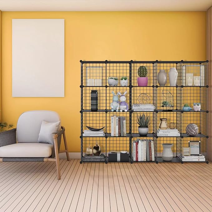 HUBSON Wire Cube Storage Organizer, Book/Toy/Craft/Potted Plants and petCloset Organizers and Storage Shelves 20-Cube Freely Combinable Metal Grids Storage Shelf,Black Plus Iron