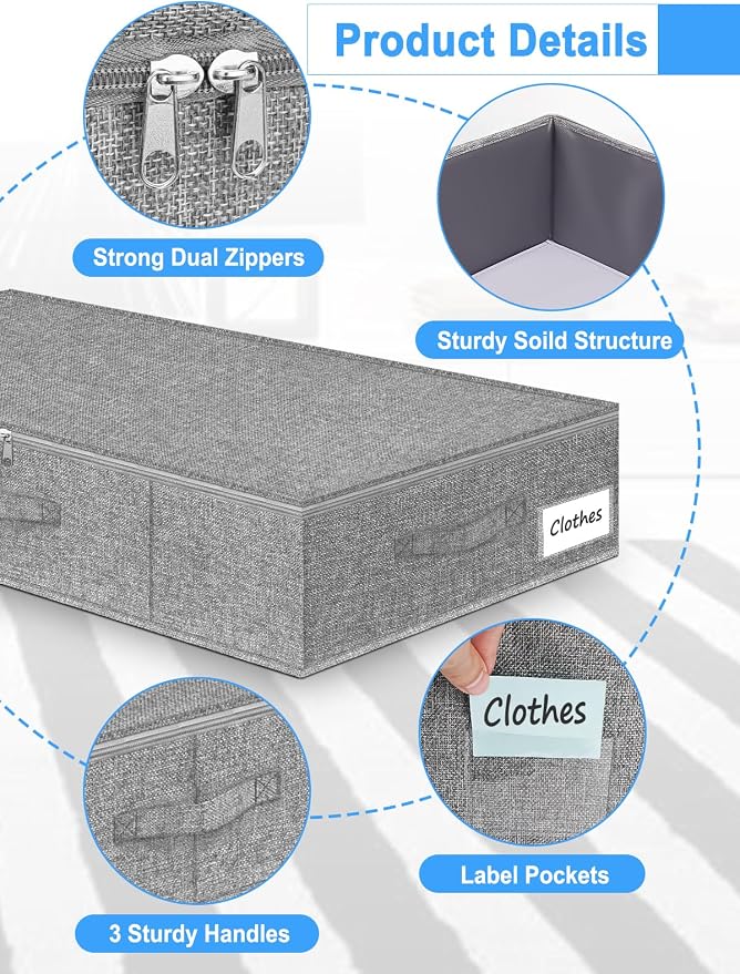 6.7-Inch Under Bed Storage Bin with Zipper Lid, Rigid Sides,2 Pack, Gray | Zipped Lid, Rigid Sides & Bottom, Large Clothes Organizer Box, Off-season Storage, Bedrooms, Closet Organization