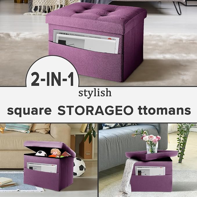 LINMAGCO Storage Ottoman Folding Foot Stool Foot Rest with Side Pocket Modern Ottoman with Storage Short Sofa Stool Linen Cloth 17x13x13(Purple)