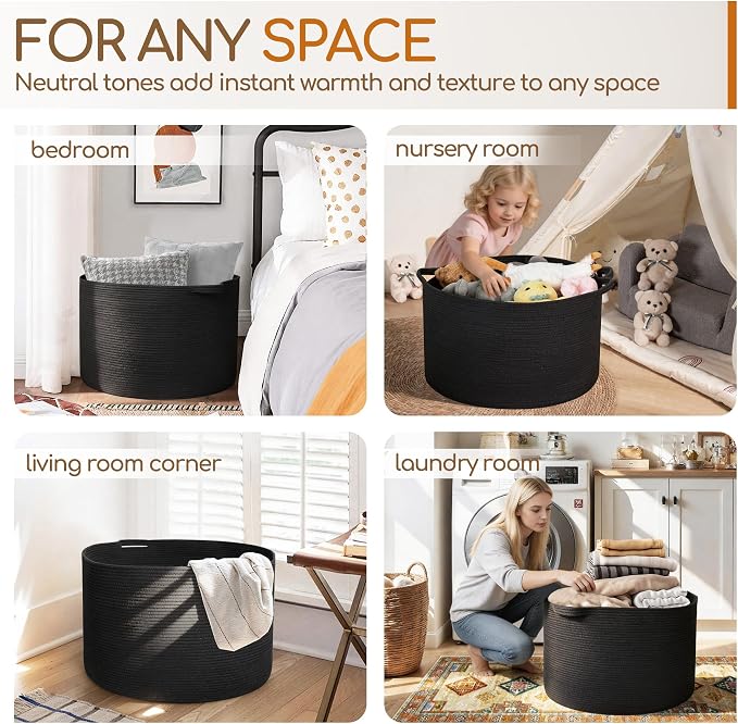 Large Black Blanket Basket, 22" X 22" X 14" Woven Rope Bin for Storage, Kids Dog Toy Storage Box Organizer Bins, Blanket Holder for Living Room, Decorative Wicker Basket for Organizing