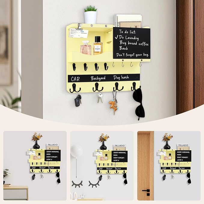 Key Holder for Wall Mount with Shelf and Mail Organizer, Key and Mail Holder with 16 Hooks, Farmhouse Entryway Organizer, Home Decor Rack(Pine Wood,Ivory Yellow)