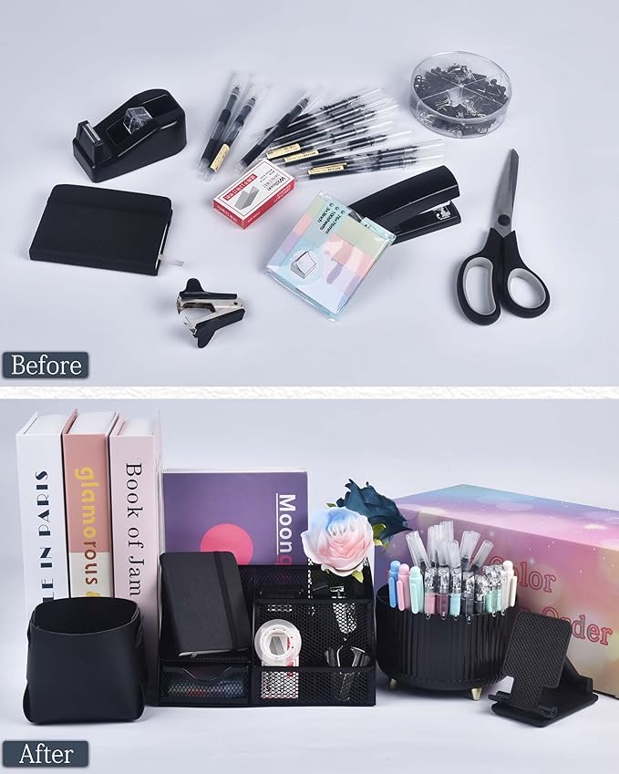 LXEVIHK 20Pcs Black Desk Organizers and Accessories With Mesh Desk Organizer and 360°Rotating Pen Holder and a Lot of Office Black Office Supplies Beautifully Presented in a Gift Box