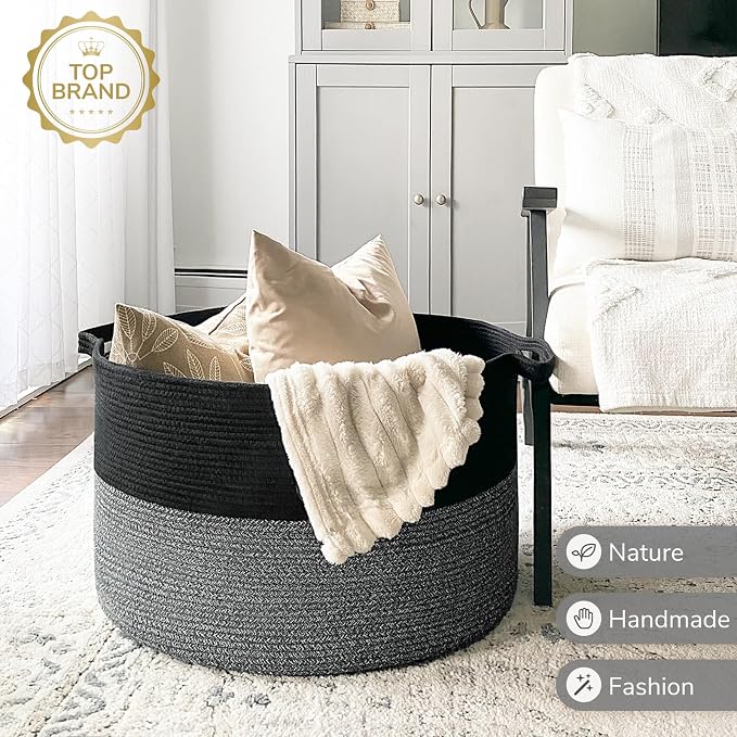 INDRESSME XXXLarge Woven Rope Blanket Basket Living Room Black Grey | 21.7" x 13.8" Storage baskets for toys laundry & pillows. Fits living room bedroom or playroom décor. Soft-touch with handles