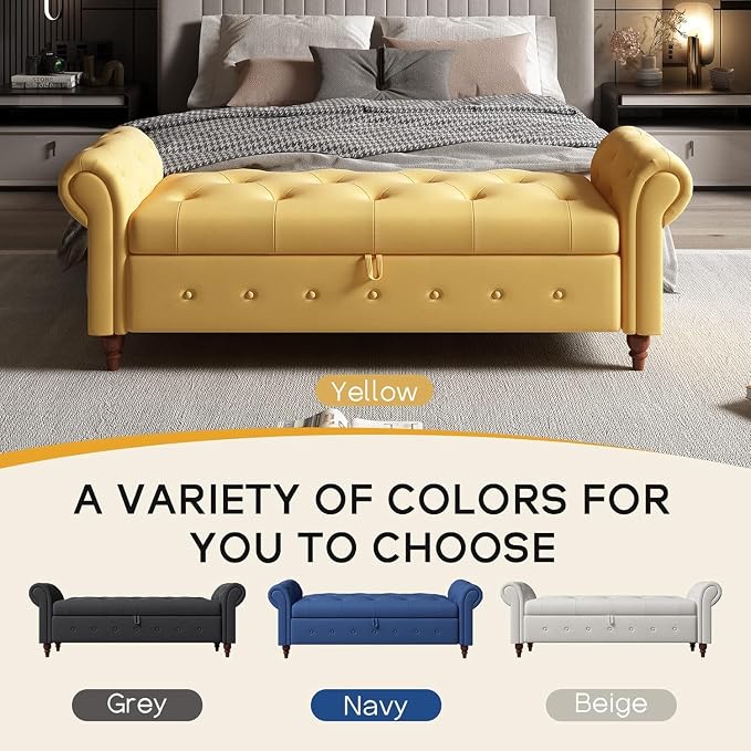 NIOIIKIT 63'' Storage Ottoman Bench, Tufted Entryway Bench Yellow Polyester | Button Tufted End of Bed, Large Storage Space, Rolled Armed Ottoman Couch Long Bench for Bedroom, Living Room, Hallway