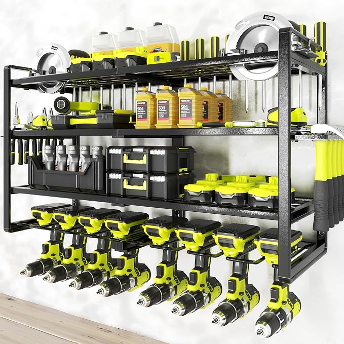 Power Tool Organizer-8 Drill Holder Wall Mount,4 Layer Heavy Duty Metal Power Tool Storage Rack,Garage Tool Organizer and Storage with Screwdriver Holder/Plier Holder/Hammer Holder