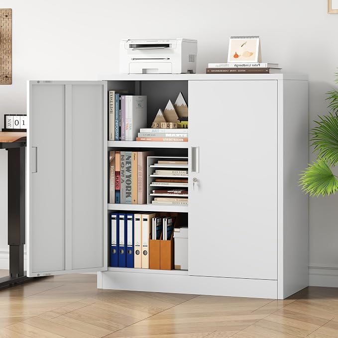 Metal Storage Cabinet, 36" Locking Cabinet with Adjustable Shelves for Garage, Office (White)