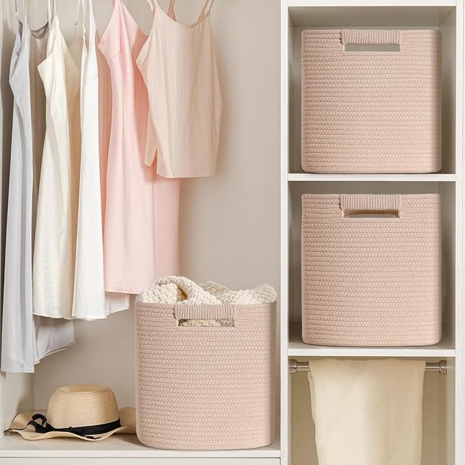 13 Inch Storage Cubes, 3 Pack Cube Storage Bins for Organizing, Cotton Rope Woven Baskets for Shelves, Bathroom, Kids Room, Closets, Baby Nursery