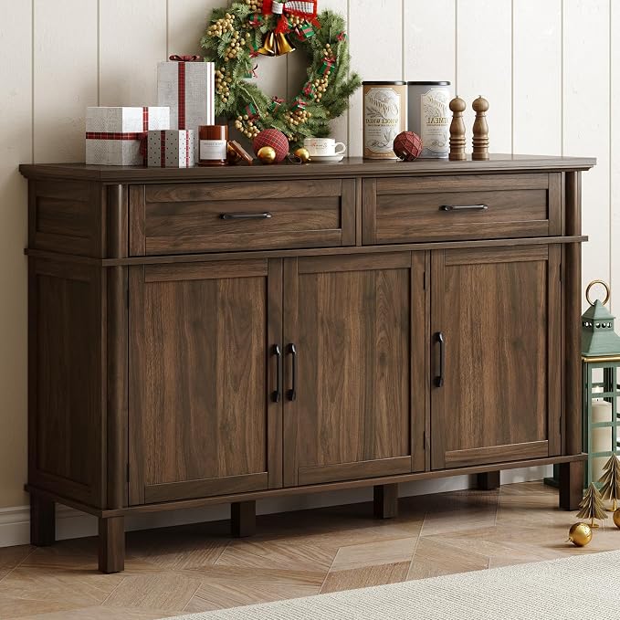 55 Inch Buffet Cabinet with Storage, Farmhouse Sideboard Buffet w/2 Drawers and 3 Doors, Wood Coffee Bar Cabinet with Adjustable Shelves, Sideboard Storage for Kitchen, Living Room, Walnut