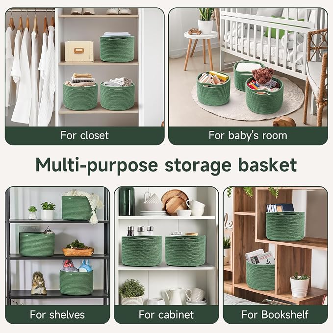 3 Pack Small Rope Storage Baskets, 9.82×9.82×7.1", Green | Cotton Basket for Gifts Empty, Cute Round Woven Basket, Decorative Shelf Basket Organizer, Organizing Basket for Shelves
