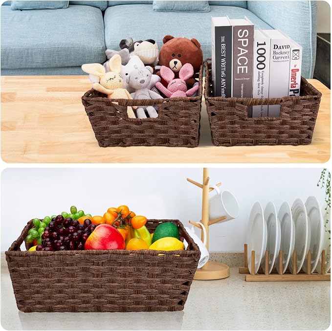 Onlytak Large Wicker Storage Basket, Metal Frame, Set of 2, Washable Waterproof, 15" x 10.3" x 5.2", Brown Color, Woven Basket for Pantry, Toilet, Bathroom, Bedroom, Patio
