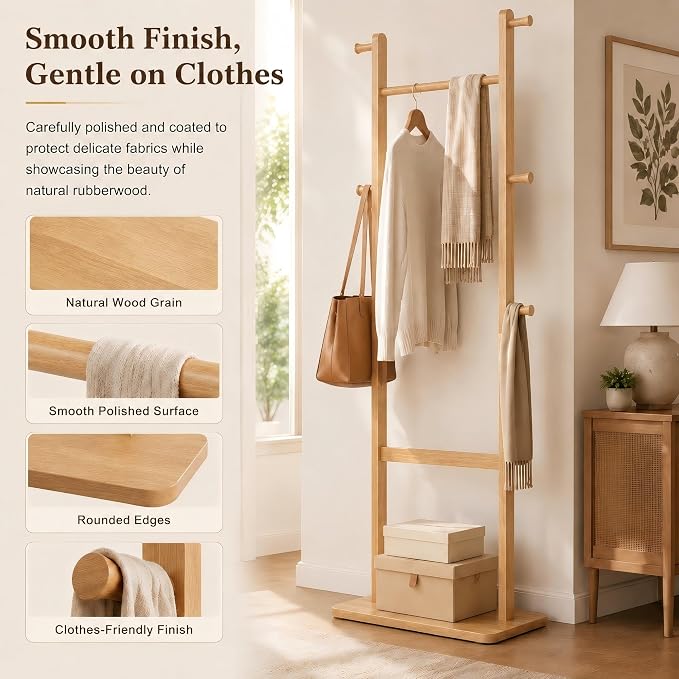 Solid Wood Coat Rack Freestanding, Clothing Rack with 5 Hooks & Bottom Shelf, Coat Rack Stand for Hanging Clothes, Wood Hall Tree Organizer for Entryway, Bedroom (Natural Wood 23.6"W x 70.8"H)