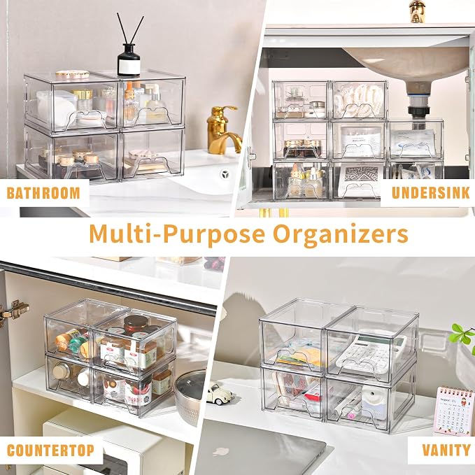 6 Pack Stackable Storage Drawers,Makeup Organizer with Pull-out Drawer | 4.4'' Tall, Acrylic Clear Plastic Storage Bins for Vanity,Pantry,Desk,Undersink,Kitchen,Bathroom