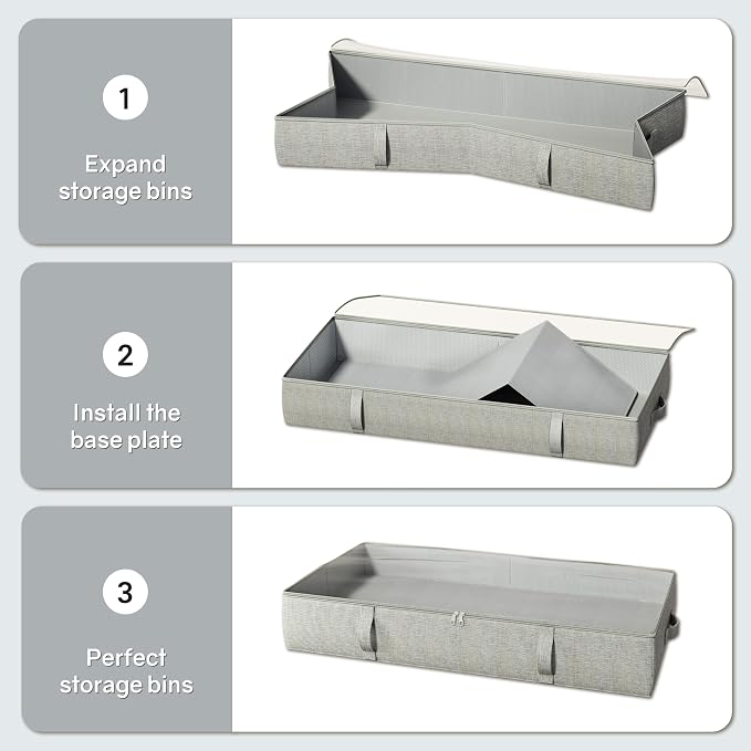 TidyCorner 2-Pack Under Bed Storage Containers, 8 Inches Tall Underbed Clothes Storage Organizer Bin with Sturdy Sidewalls/Bottom, Under the Bed Storage Bags 2 Storage Bins, Light Grey
