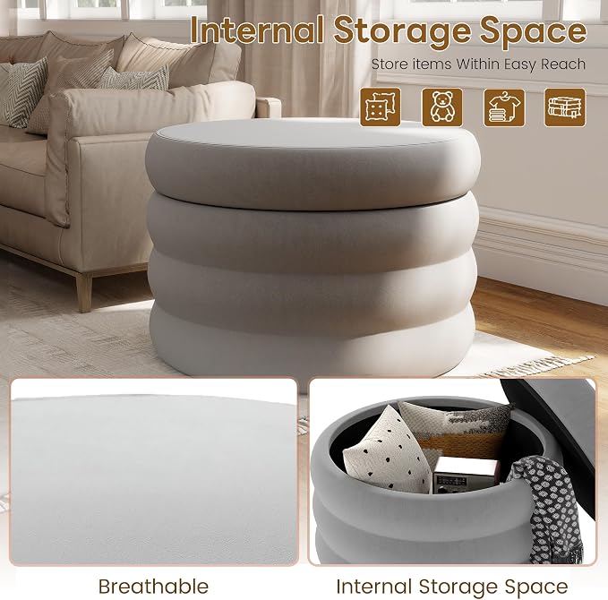 KROFEM 26.3" Wide Round Velvet Ottoman,Storage Foot Stool with Removable Top for Living Room,Dressing Room and Bedroom,Gray