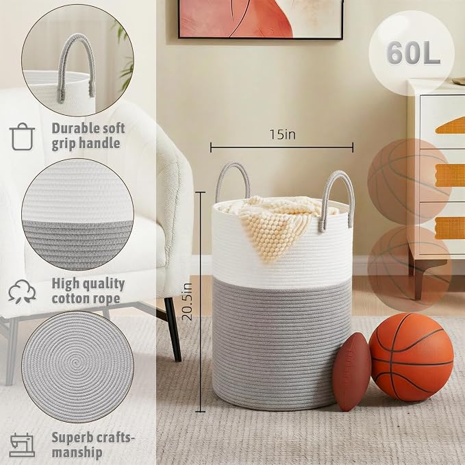 Artfeel Laundry Basket,Woven Cotton Rope Laundry Hamper,60L for Decorative Storage of Dirty Clothes,Toys and Blankets in Bathroom,Baby Room and Living Room