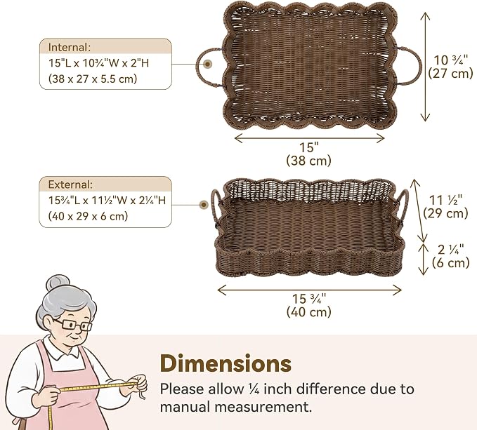 GRANNY SAYS Wicker Decorative Scalloped Trays for Home Decor, Coffee Table Trays with Handles, Woven Rattan Tray for Kitchen Counter, Rectangle Serving Tray Decor for Living Room, Ottoman, Brown
