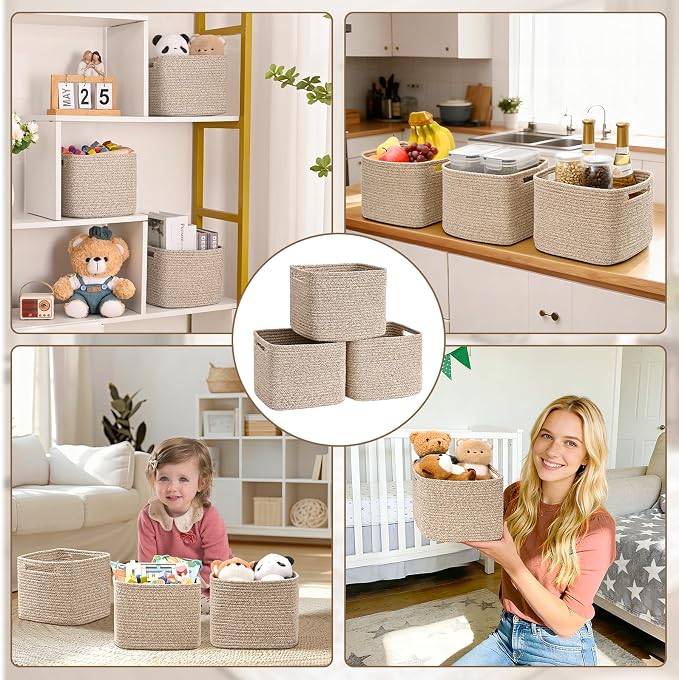 3 Pack Cube Storage Bin, 9”x9”x7” Cotton Rope Woven Baskets for Organizing Toys Clothes Towels, Square Gift Storage Baskets for Shelves, Nursery, Closet, Bathroom, Pantry (Jute)