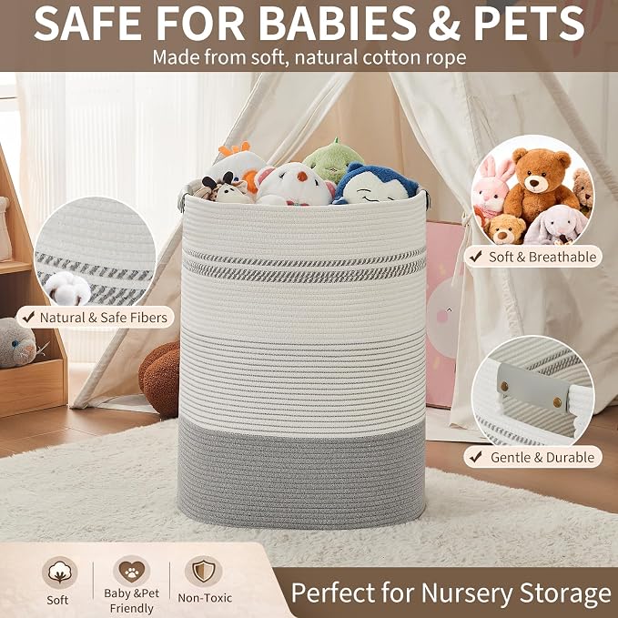 AINUOQI Laundry Basket with Handles - Blanket Basket & Hampers for Bedroom Aesthetic, Laundry Hamper & Blanket Storage for Living Room, Clothes Hamper, Tall, Large 17" x 14" x 22”, Grey
