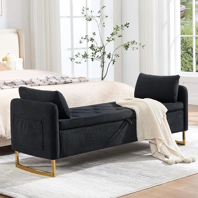65" Storage Ottoman Bench, Chenille Storage Bench for Bedroom, End of Bed Storage Bench with Tufted Upholstered and Gold Legs, Bedroom Benches with Arms Window and Entryway, Black