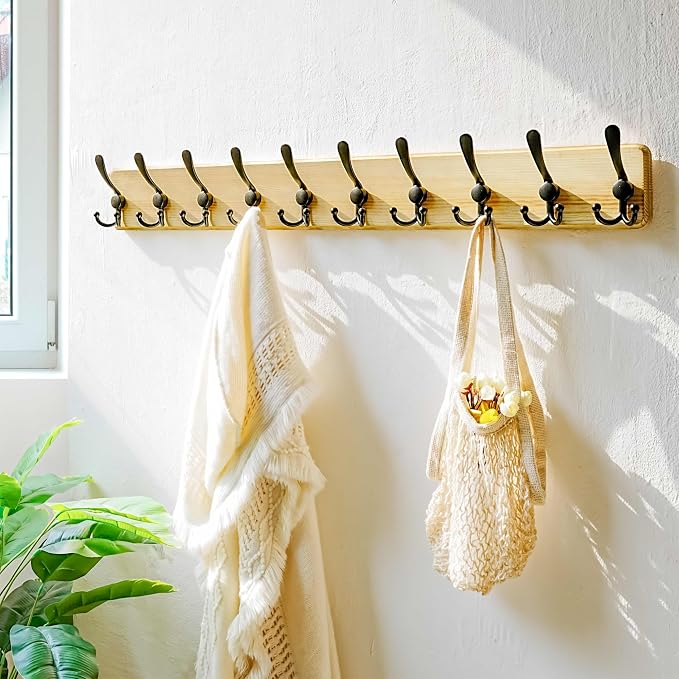 Coat Rack Wall - Heavy-Duty 38-1/4" Long, with Reinforced 10 Custom Tri-Hooks, Solid Wood Wall Hanger for Coats Hat Jackets - Rustic Farmhouse Entryway Hallway Storage, Light Brown & Black