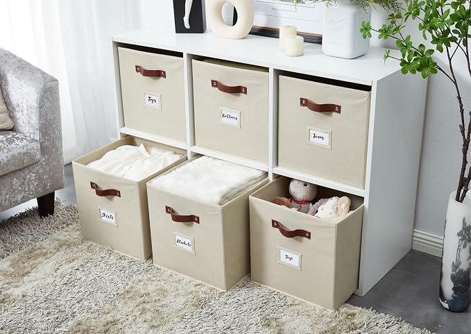 DECOMOMO Storage Bins, Cube Storage Bin with Labels | 10.5" x 11" Fabric Storage Cubes for Shelves (6pcs, Beige)