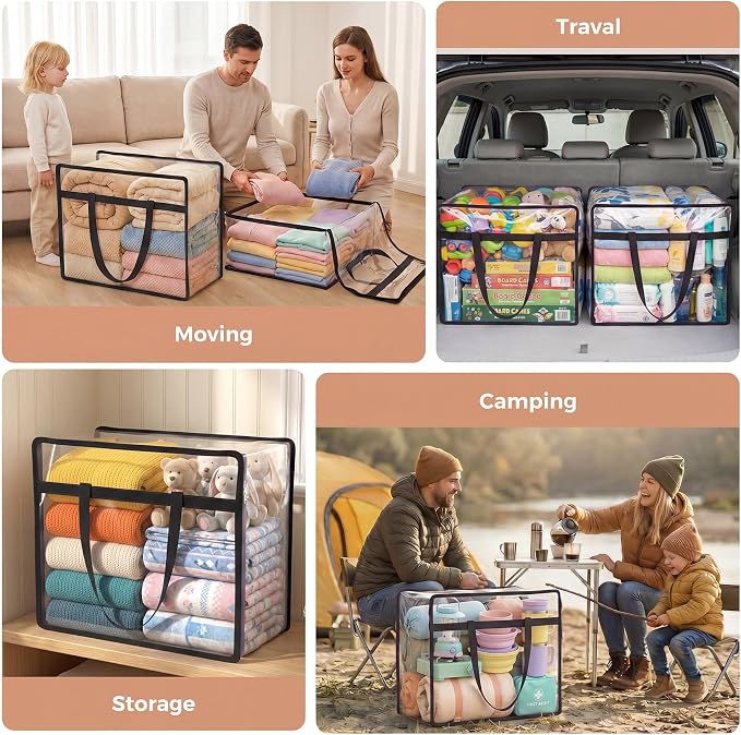 6 Pack Clear Storage Bags for Clothes, 40L Closet Organizers and Storage | Plastic storage with zipper and handle, moving bags, under-bed storage, closet organizer for blankets, comforters, toys