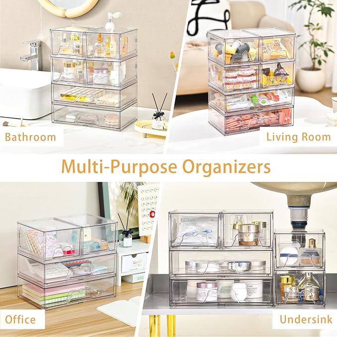 4 Pack Stackable Storage Drawers, Clear Acrylic Organizer, Makeup Organizer | with Pull-out Drawer,Pantry Organization for Beauty Supplies,Ideal for Vanity, Bathroom,Cabinet