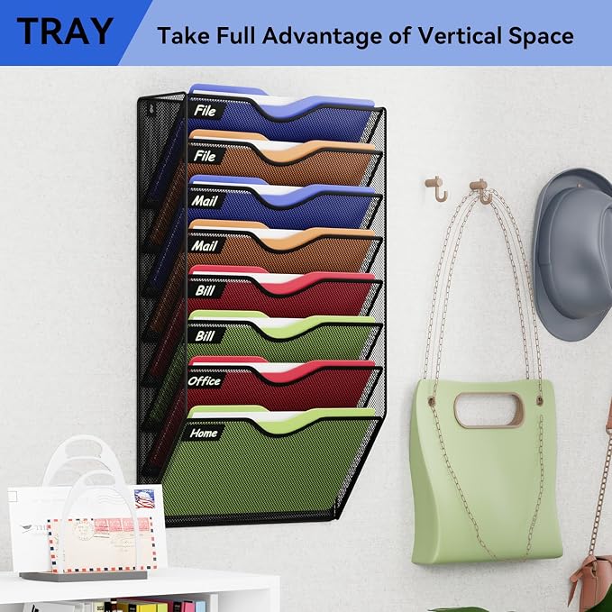 8 Pockets Hanging Wall File Organizer Mail Holder, Wall Mounted Paper Document Folder Holder, Clipboard Storage Organization Magazine Rack, Black