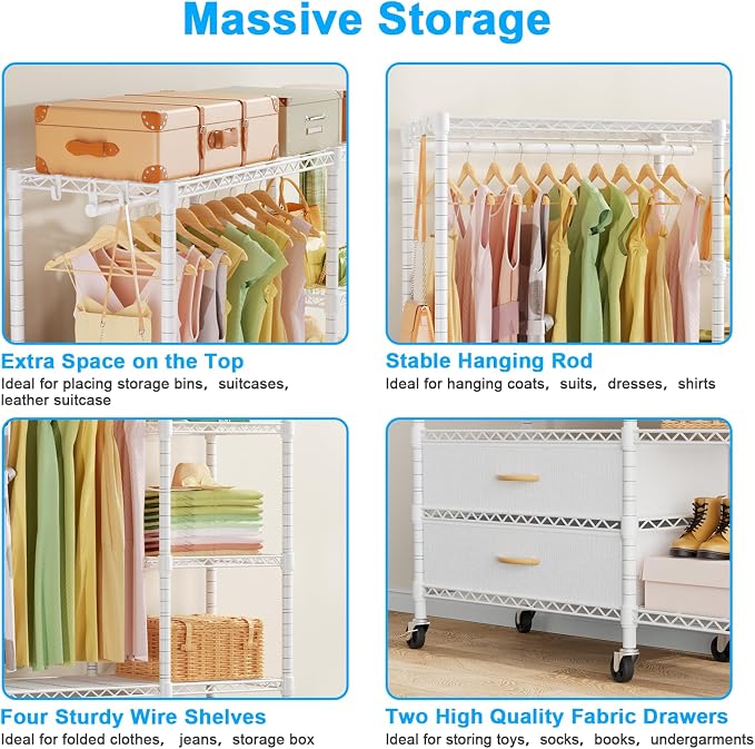 Ulif F3R Heavy Duty Clothes Rack(With Lockable Wheels)Freestanding Clothing Racks for Hanging Clothes,Adjustable Closet Organizer System,Portable Garment Rack 40"W x 15"D x 74"H,Max Load 700LBS,White