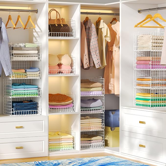 4-Tier Stackable Closet Organizers and Storage Basket - Foldable Closet Shelf Organizer System, Sturdy Metal Space-Saving Clothes Storage Bins for Wardrobe, White