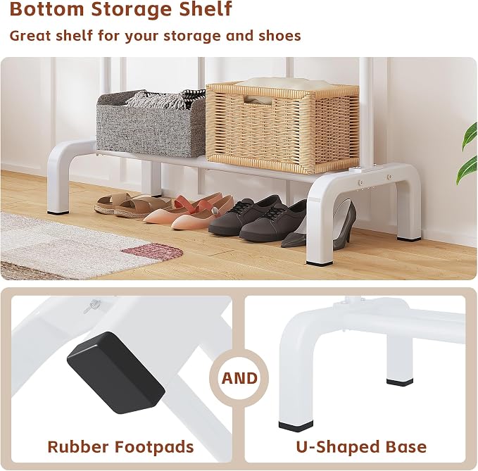 Garment Rack Clothing Clothes Rack for Clothes Organizing White | Standard Metal 34 Inches Garment Rack with Bottom Shelf for Hanging Clothes Coats Jackets Shirts Sweaters Jeans White