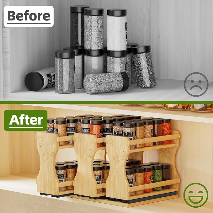 BAMEOS Pull Out Spice Rack Organizer for Cabinet, Bamboo Wide 13.9" Slide Out Seasoning Organizer for Kitchen, No Drill Anti-Tip Ball Bearing Silent Glides, Pantry Cabinet Organizer,Natural