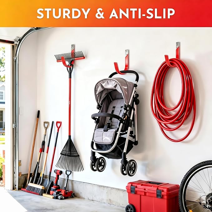 Heavy Duty Metal Garage Hooks Wall Mount 2 Pack, Garage Hanger Utility Storage Hooks for Outside, Hose Rack Suitable for Garage,Garden and Yard,Red